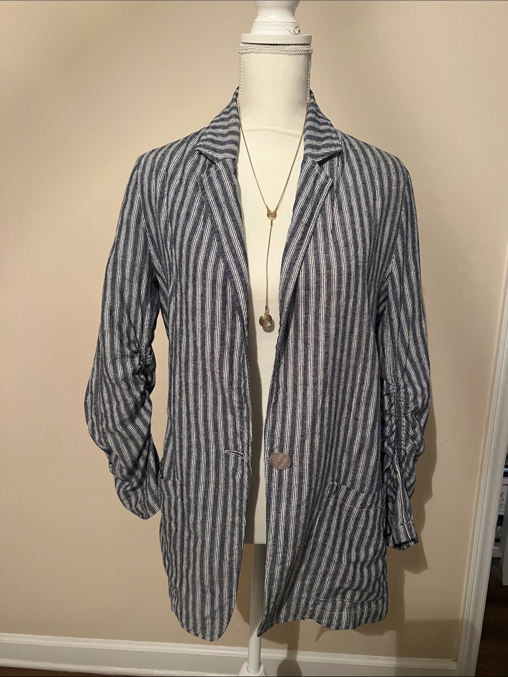 Max Studio Navy and White Striped Open-Front Blazer